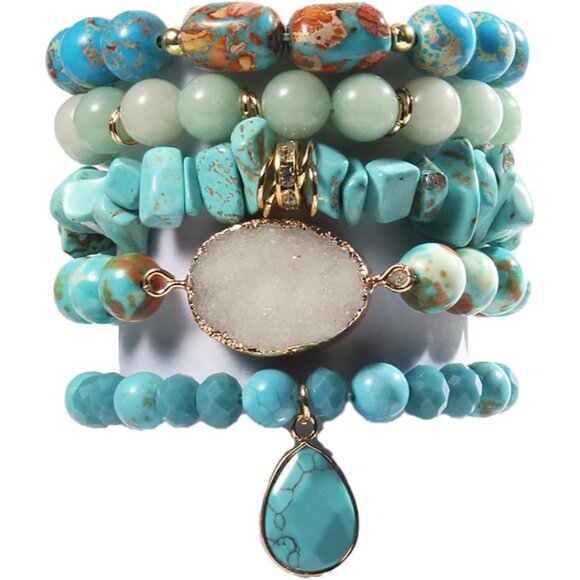 5PCS 6PCS Natural Boho Beaded Bracelets/Bangle for Women MenHealing Turquoise J